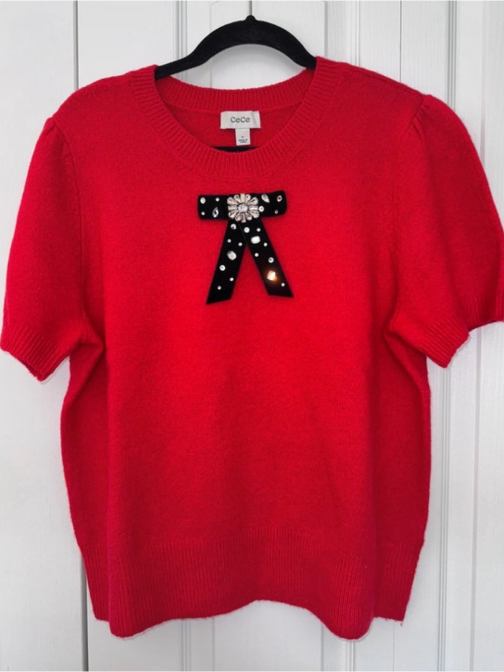 CeCe Bright Red Short-Sleeve Crewneck Sweater with Decorative Bow